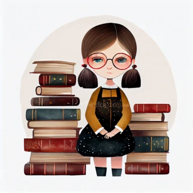Dark academia librarian girl, folk art, sweden, watercolor, clipart elements, white background