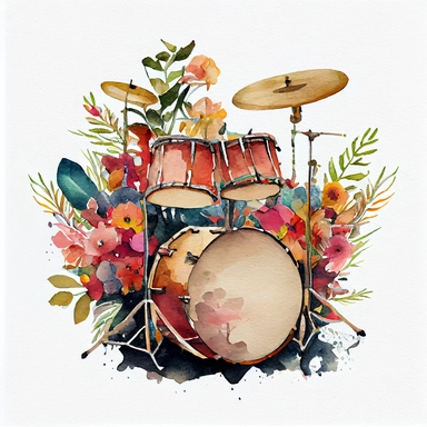 watercolor painting of a drum set with floral on white background, clipart, illustration, ultra detailed art