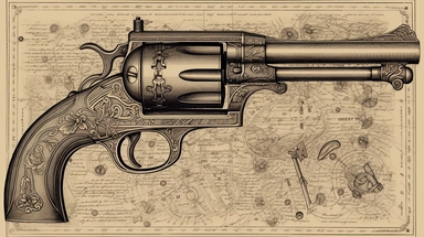 A detailed diagrammatic illustration of an old vintage gun, showcasing its mechanical intricacies and features in a technical style. The gun can be any type, such as a classic revolver or a musket, and should evoke a nostalgic feel. The background can be a simple color or a textured pattern, with additional elements such as bullet casings or a shooting range. This clipart is perfect for use in historical-themed projects, gun-related advertising, or vintage-inspired designs.