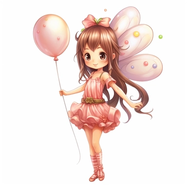 Fairy Clipart, Japan Anime style, beautiful smiling cute fairy holding a balloon, full body, on a white background