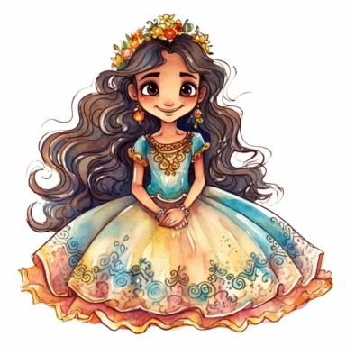 a happy latin american fairy who has big beautiful eyes and long hair, she wears a frilly ball gown and a tiara. Cut out clipart, watercolors, no shading