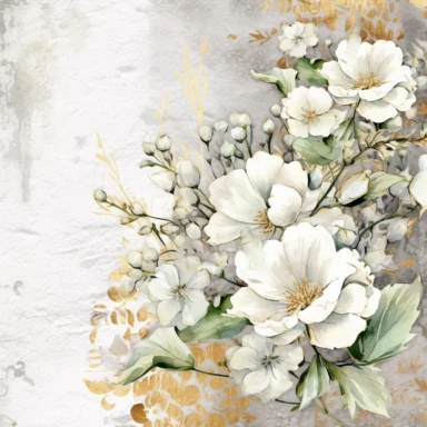 scrapbook paper template, intricate three small bouquets of white floral watercolor clipart on the borders on paper, luxurious textures, nature-inspired pieces, very high resolution