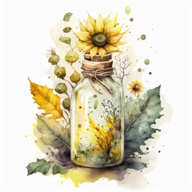 a vial of potion with sunflowers inside, white and yellow vibes, watercolor clipart