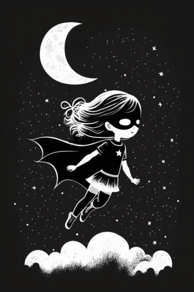 *minimalistic pixar style clipart, minimalistic nordic style clipart, flying superhero kid girl with mask, night, moon, stars, minimalistic black and white color palette,