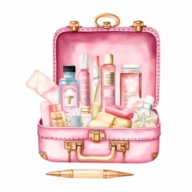 sweet pink and gold hand-painted in watercolors, first aid kit clipart, first aid suupply, isolated white background, single design, sharp, bold , sweet pink, cream, gold, hand-painted watercolor