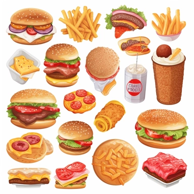 fastfood, clipart set, pizza, donut, hot dog, hamburger, cheeseburger, ice cream, popcorn, isolated on white background