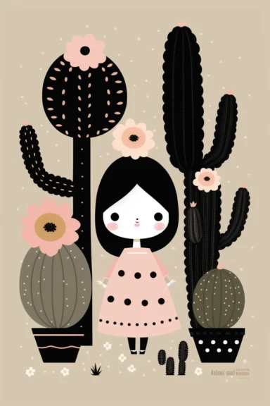 <https://s.mj.run/VafKh_OyowI> Mary Blair style, minimalistic nordic style single clipart, one single black mexican cactus with flowers, minimalistic pastel pink color palette,