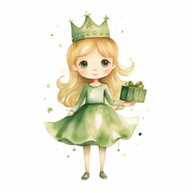 watercolor little princess clipart, green tone colors, big eyes, smiling, lovely, adorable, wearing crown, holding a gift, full body, on white background
