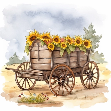 a wagon from the early 20th century sits on the town road. In its rear are sunflowers, wildflowers and lavender watercolor clipart no fonts no letters no words