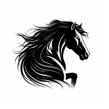 Clip Art, 2d, Flat Vector, BLACK ARABIAN Breed Horse With WHITE Extremely long thick Mane LOGO on White Background, NO TEXT, NO WATERMARK,