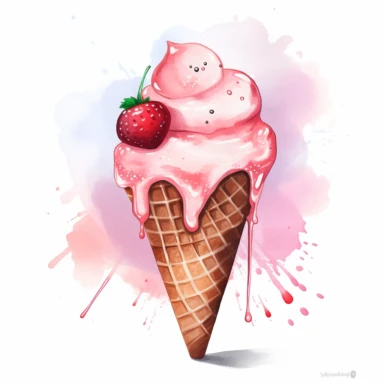 simplified clipart of an ice cream cone with a scoop of strawberry ice cream in it, simple shapes, no watermark, no lines, no outlines, clipart, cartoon, minimalist, computeir vector graphic design clip art, watercolor illustration clipart, watercolour clipart, watercolor illlustration for kids and children, book illustration, print on demand image, PNG tranparent background