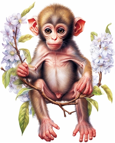 detailed watercolor Baby Monkey standing on flowers , hyper realistic, isolated on a white background, clipart