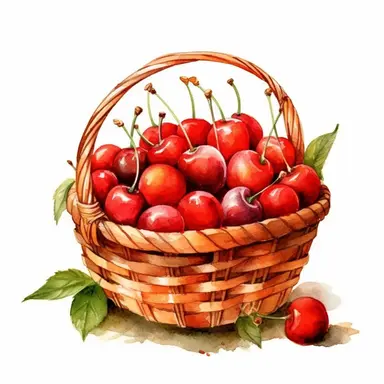 Watercolor a basket of cherry Clipart ,high quality, highly detailed, watercolor , hand-drawn animation , vibrant color, bright colors, romantic, , watercolor,