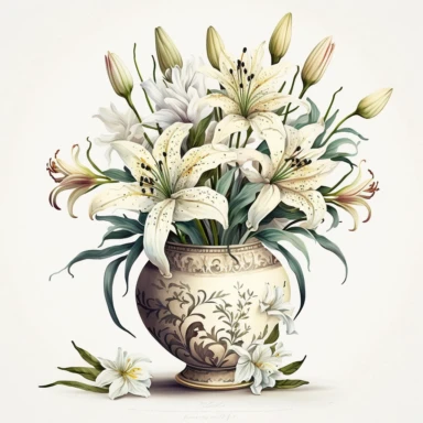 Watercolor realistic detailed white tiger lily bouquet in a beautiful ceramic vase clipart, white background, no text
