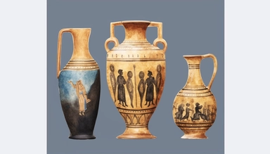 Watercolor greek vases and sculpture home decoration clipart, wide margin around the elements on white backround, highly detailed