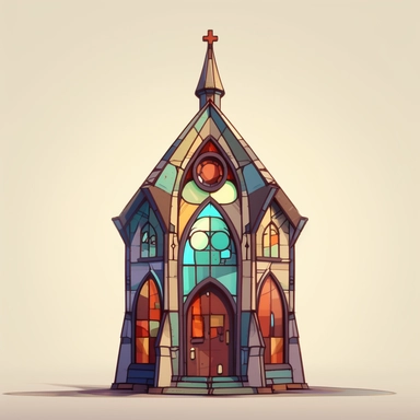 a little cartoon church, pixar, clipart, stained glass windows, cross on top, blank background, sharp lines, 8k