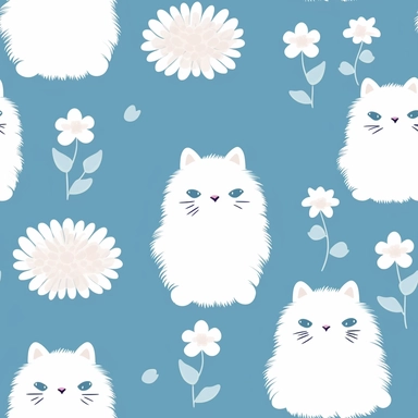 create a clipart, minimalist featuring a cute aesthetic pattern including cute fluffy white cats and some tiny white flowers over a blue lift shades