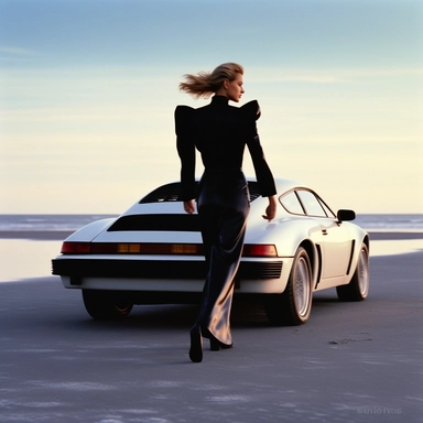 model walking away from 1980s white Porsche. Model is wearing 1980s black Thierry Mugler clothes, black stiletto pumps and hair like Linda Evangelista in Too Funky video clip. Model has red lipstick and holding a cigarette in one hand. The scene in by the beach at sunset. The car is on fire. To be shot similat to Steven Klein aesthetic