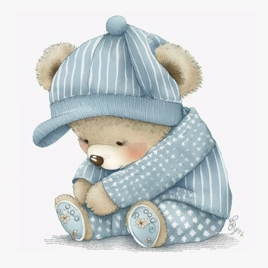 an ultra Cute little newborn baby teddy bear wearing pyjamas, #475F94 dusky blue shabby chic traditional classic striped pyjamas and a bedtime hat , watercolour, cute,, bedtime, sleepy, dreamy, isolated on white background, Clipart