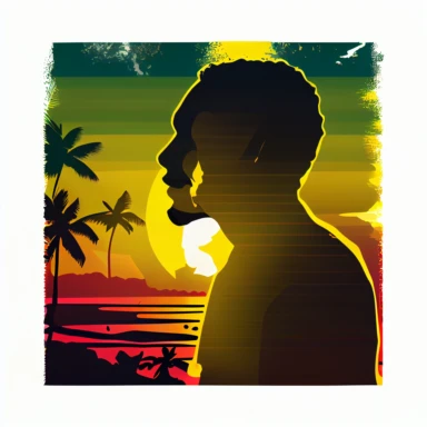jamaica as a person, clipart style looking confident happy, with a bright outlook in life, bright lighting with beach sunrise background, hd