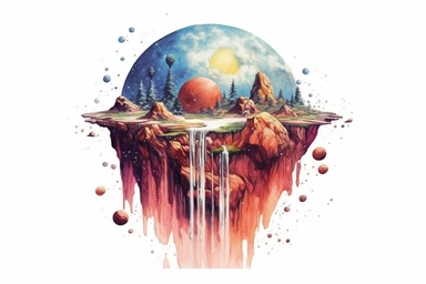 Watercolor, Design a planet with massive, floating waterfalls cascading into the void clipart, hd, on a white background, spaced out