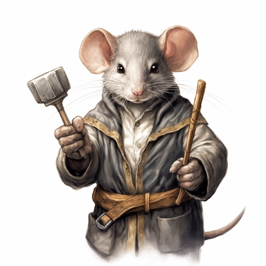 mouse as a blacksmith, in dark dirty clothes, hammer in hand, by martha morrison 0 12, in the style of fantasy characters, neo-victorian, beatrix potter, magali villeneuve, playful character design, Charcoal Gray and Silver , clipart, white background