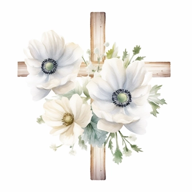 watercolor cross clip art with white anemone flowers around the center on white background