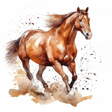 beautiful chestnut horse galloping watercolor clipart on white background, sharp