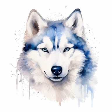 watercolor husky with blue eyes, all white husky, cute, adorable, cute, clipart