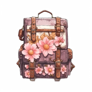 watercolor, hyper realistic, white background, white margins, 16k, ultra detailed clipart, cut out image, hand-drawn, whimsical manhwa style, ultra HD, sharp and clean art a vintage travel backpack adorned with delicate floral , capturing the romantic and feminine aesthetics often associated with vintage fashion and travel. earthy brown pastel