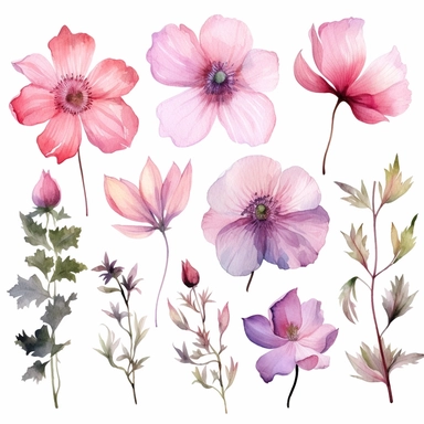 Ethereal watercolor clipart set featuring different pink flower species, portrayed from various angles, arranged in a composition that appears as if the flowers themselves are floating on a gentle breeze, a symbol of freedom, liberation, and the fleeting nature of beauty, clipart on a white backdrop.