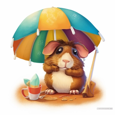 hyper-detailed clipart illustration of a happy Guinea Pig, sitting on a beach chair, wearing sunglasses and sipping a cold drink with a funny hat and a tiny paper umbrella, extreme close-up view, isolated on white background with margins, Studio Ghibli-style,