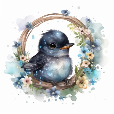 watercolor funny create kawaii marbled black ,silver, blue, chibi robin with forgetmenot flowers with babysbreath clipart, isolated on white background,space out--ar3:2--s1000
