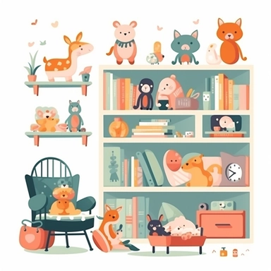 furniture, toys, books, images, flat vector clipart, nursery decor, small child, cute, children room deco