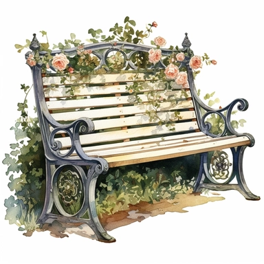 antique garden bench, gouache, clipart, white background