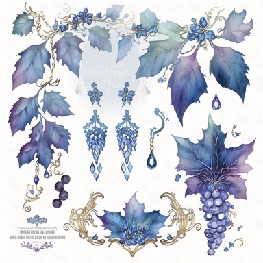 blue rococo grape jewels icicles watercolor clipart