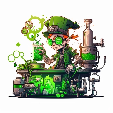 saint patrick day clipart in a cyberpunk style - leprechaun making a beer on a kitchen with a pint of green beer with adding bubbles and highlights on a white background
