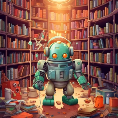 a cute robot searching the library clipart, children's book illustration style