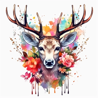 full deer head to tail with flowers clipart, creative art, shiny, rich color, super resolution, Pshycedelic PNG, Graffiti, Clipart, watercolor, realistic, 8k