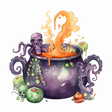 hand drawn black cauldron with bubbling potion, large bone in the cauldron, an octopus tentacle coming out of cauldron and hanging on the side, Halloween, purple orange and green shades, fantasy, glamorous, clipart style, detailed and realistic, watercolor, white background with margins