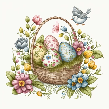 funny drawn sketch easter eggs with romanian traditional pattern in a a basket with flowers on white background, artistic painting, easter spring scene, add some spring leaves, add some flowers,add some birds, yellow pink blue green pastel colors, watercolor, clipart, 2d, sketch style, no text, no logo