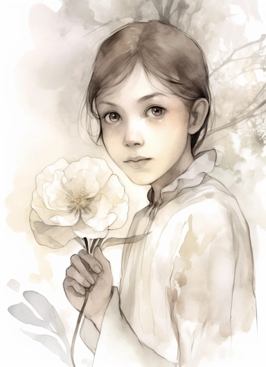 girl behind a single spring flower, in the style of magali villeneuve, jon j muth, carl larsson, dreamy world, closest to watercolor illustrations, soft color palette with ligh beige and gray, children's illustrations, solid white background, clipart
