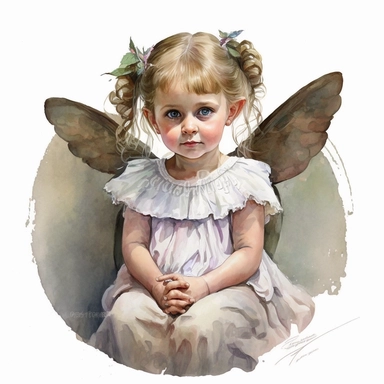 little girl, big eyes, dressed as a fairy with wings on her back, beautiful and happy, she is sitting and head is turned towards camera, very detailed and realistic, watercolor, white background with margins, clipart style