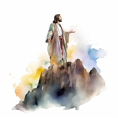 Jesus Christ, Standing on a mountain praying to god, watercolor clipart style, solid white background