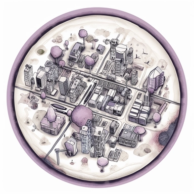 top-down view of a round scientific culture dish containing a simple map of a city block made with white fungal mycelium threads for the roads, a few major landmarks are small purple mushrooms, clean white background, iconic, clipart style, simple, cartoon, light colors, no grey
