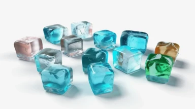 3d render, ice cubes collection, clip art isolated on white background. Frozen water assorted shapes, Bright color, realistic