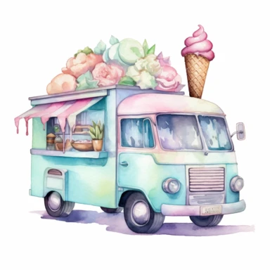 Watercolor Ice Cream truck Clipart, pastel pink pastel green pastel blue colors, dreamy style