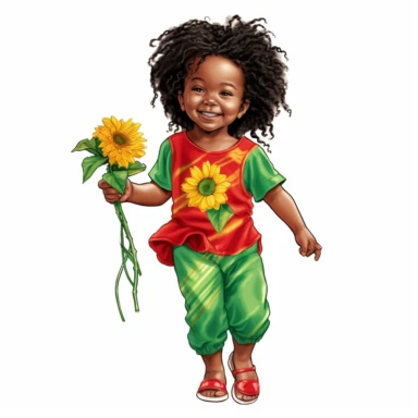 Happy baby juneteenth girl with red, green, yellow cloths and flower, full body, hand draw Illustration clipart, 4K, extremely detailed