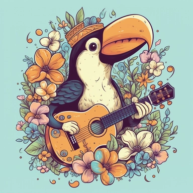 a smiling toucan with a ukulele and a flower crown, depicted in a whimsical, cartoon style, surrounded by colorful flowers and butterflies. The mood of the artwork is cheerful and playful, with a soft pastel color palette. The lighting style is bright and sunny, evoking a warm and inviting feeling. clipart design graphic, vector, contour, super cute, isolated white background, high quality, 2d, flat