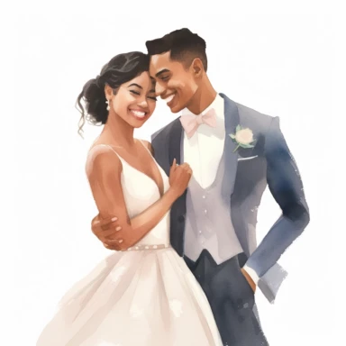 Brown-skinned bride and Asian groom, laughing together during the reception, jovial and delighted, watercolor, Pixar style, Clipart on a white background.